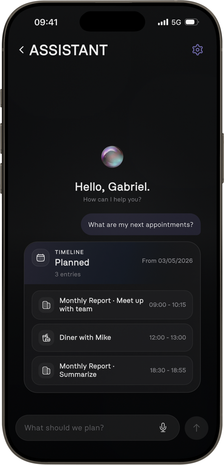 Starpolar Assistant showing chat and voice input that creates tasks, events, and a daily plan