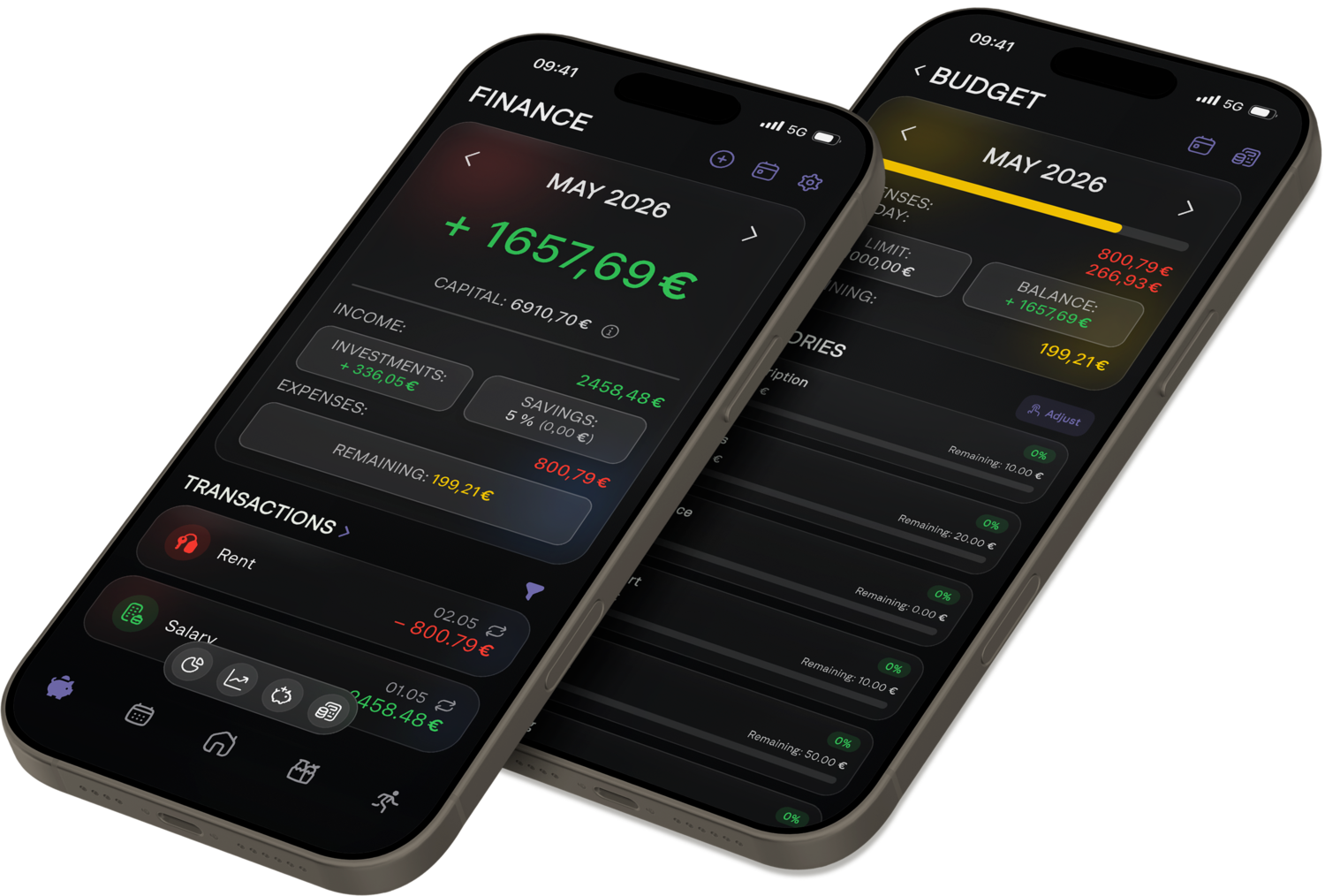 Starpolar finance dashboard with budget tracking, savings goals, dividends, investments, and cashflow overview
