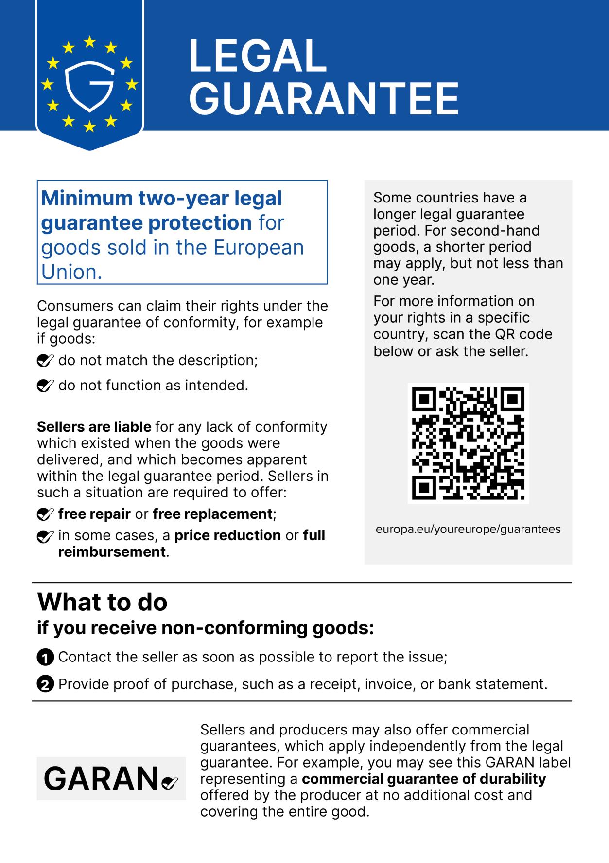 Official EU harmonised notice explaining the minimum two-year legal guarantee and remedies for non-conforming goods
